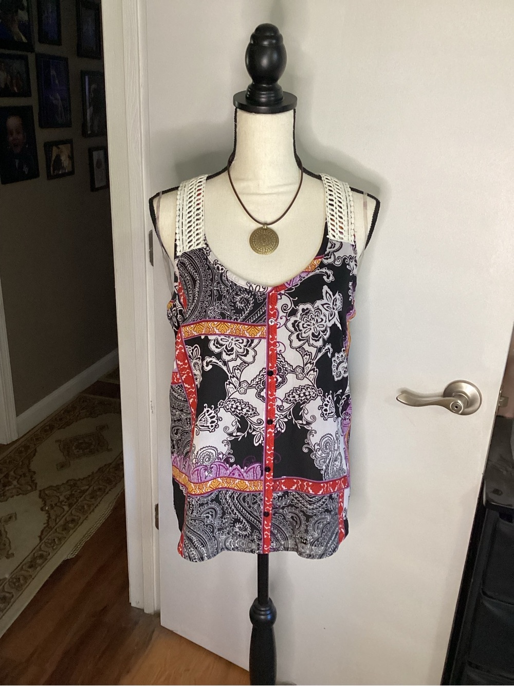Apt. 9 Black Paisley Patchwork Camisole with Crochet Shoulders